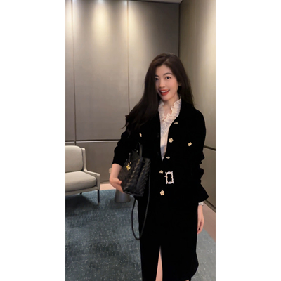 N.COU妮蔻25冬新款精致御姐风高级感气质黑色丝绒外套半裙套装