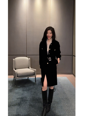 N.COU妮蔻25冬新款精致御姐风高级感气质黑色丝绒外套半裙套装