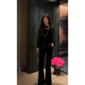 N.COU妮蔻25秋新款 上衣 独特设计感黑色丝绒拼接烫钻圆领微透长袖