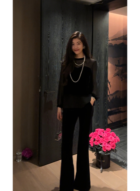 N.COU妮蔻25秋新款独特设计感黑色丝绒拼接烫钻圆领微透长袖上衣