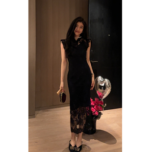 蕾丝刺绣改良旗袍连衣裙女 国风黑色修身 N.COU妮蔻25夏新款 新中式