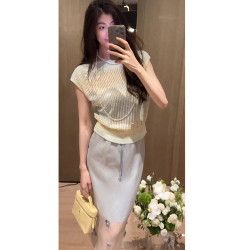 N.COU妮蔻26夏新款镂空重工亮片渐变色针织衫女无袖百搭气质上衣
