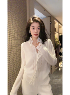 N.COU妮蔻25冬新款设计感小众别致镂空刺绣花边立领针织开衫女