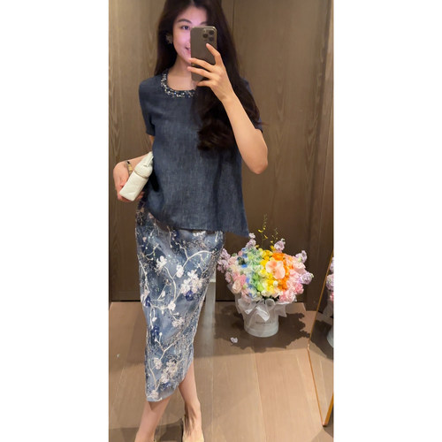 N.COU妮蔻26夏新款100亚麻钉钻上衣半身裙套装女高级感显瘦两件套