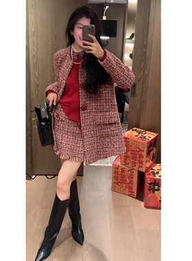 N.COU妮蔻26春新款法式小香风轻奢贵气钉珠圆领开衫外套半裙套装