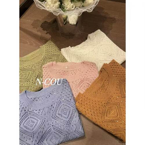 N.COU妮蔻26夏新款镂空烫钻几何针织衫女设计感小众百搭短款上衣