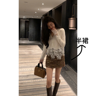 N.COU妮蔻25秋新款 名媛气质小香风复古重工亮片粗花呢包臀半身裙