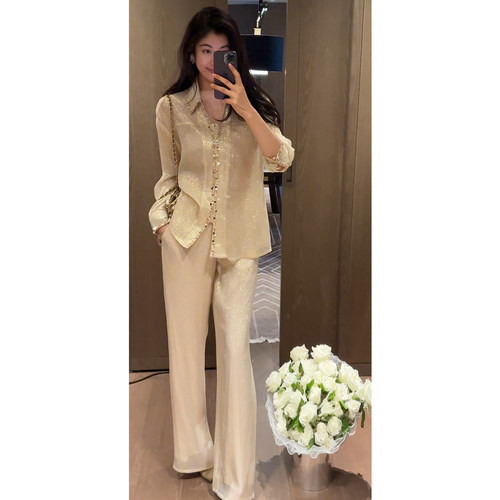 N.COU妮蔻26夏新款绣珠片镶边桑蚕丝闪闪慵懒风微透衬衫裤子套装