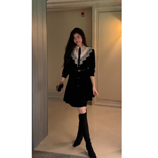 长袖 复古洋气蕾丝拼接撞色花边短款 连衣裙 法式 N.COU妮蔻25冬新款