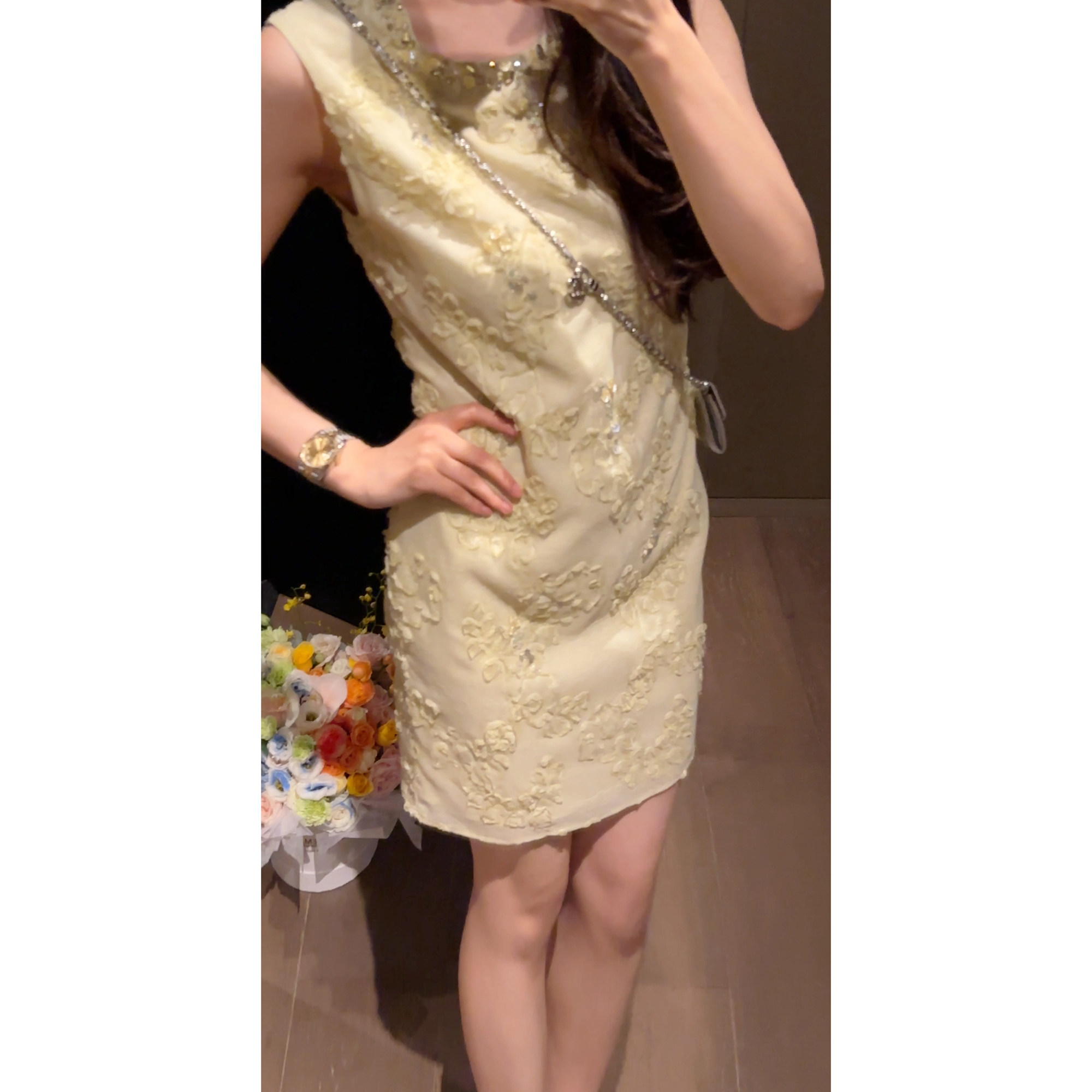 N.COU妮蔻26夏新款小香风减龄气质重工钉钻立体花瓣刺绣连衣裙