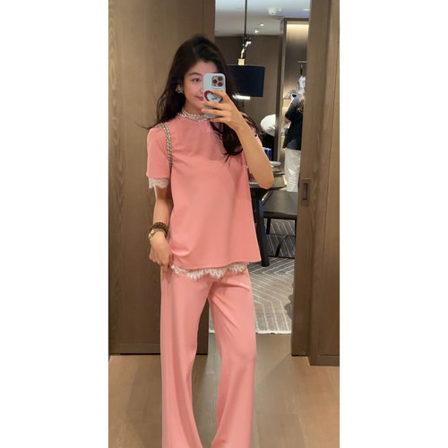 N.COU妮蔻26夏新款简约气质百搭蕾丝拼接下摆圆领上衣裤子套装