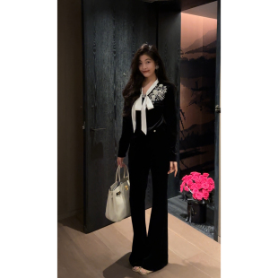 N.COU妮蔻25秋新款 设计感小众系带高端钉珠精致拼接黑色丝绒上衣