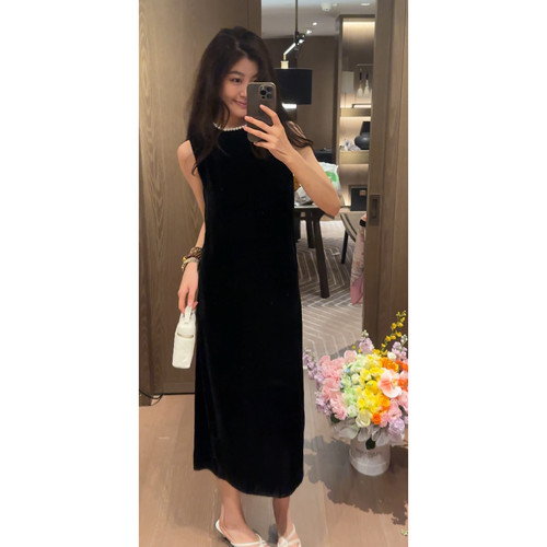 N.COU妮蔻26夏新款轻奢100桑蚕丝钉珠圆领丝绒连衣裙女高级感长裙
