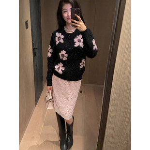 N.COU妮蔻25冬新款 温柔风时髦闪闪亮片软糯花朵提花百搭针织开衫