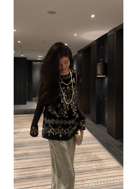 N.COU妮蔻25秋新款黑色新中式复古精致贵气感重工刺绣亮片套装女