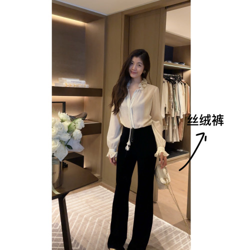 N.COU妮蔻26秋新款百搭时尚显瘦显高黑色中高腰抽绳丝绒微喇裤