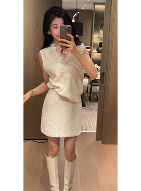 N.COU妮蔻25冬新款设计感小众别致真两件重工V领花边钉珠链毛衣