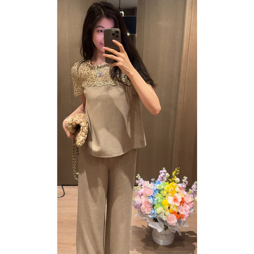N.COU妮蔻26夏新款高级感亚麻拼接钩花上衣裤子套装女小众设计感