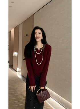 N.COU妮蔻25冬新款洋气时髦百搭重工领口亮钻圆领毛绒针织开衫