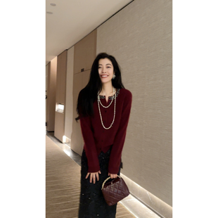 N.COU妮蔻25冬新款 洋气时髦百搭重工领口亮钻圆领毛绒针织开衫