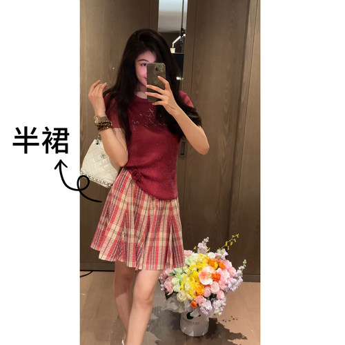 N.COU妮蔻26夏新款复古高腰格纹百褶半裙女减龄显瘦百搭A字短裙