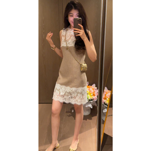 N.COU妮蔻26夏新款镂空蕾丝拼接亚麻连衣裙女高级感显瘦气质短裙
