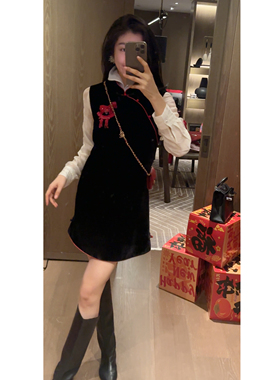 N.COU妮蔻26春新款新中式国风黑色丝绒马年钉珠刺绣短款连衣裙