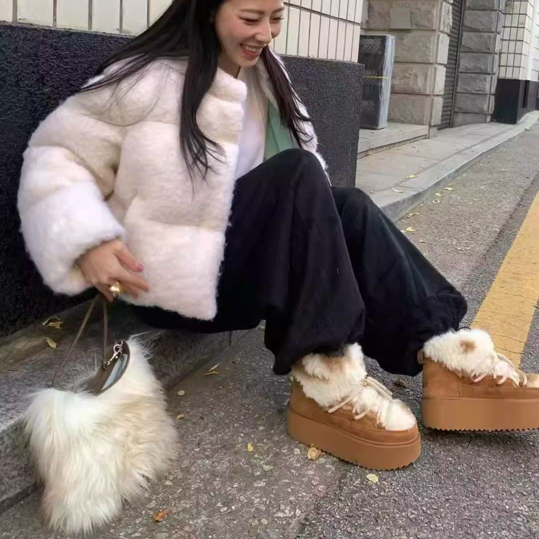 INUIKII毛毛拼接系带短筒雪地靴