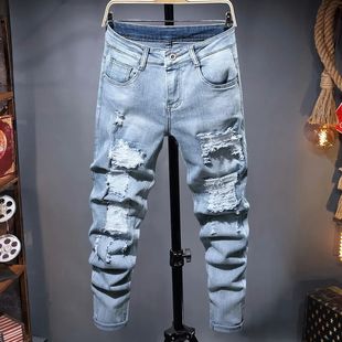 Ripped Blue Jeans Fit Black Autumn Designer Men Denim Slim