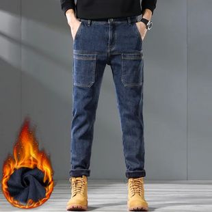 Korean Men Design Thick Fleece Fashion Pocket Jeans Classi