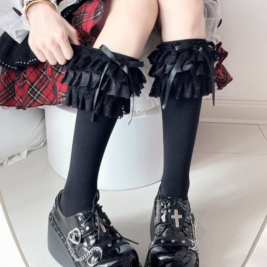 三层蕾丝花边过膝袜少女显瘦小腿袜奶白Lolita日系蝴蝶结长筒袜,女士内衣/男士内衣/家居服,长筒袜,淘宝优惠券,粉丝福利购,淘宝优惠卷