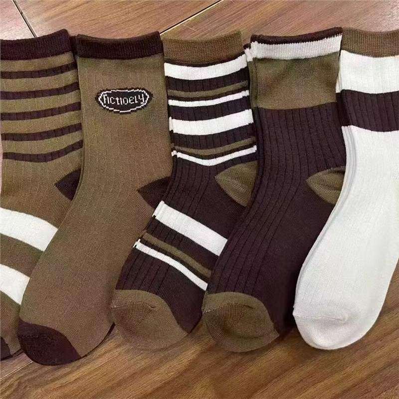 秋冬韩版美拉德色系女士中筒袜条纹潮流百搭防臭袜子高帮棉质女袜