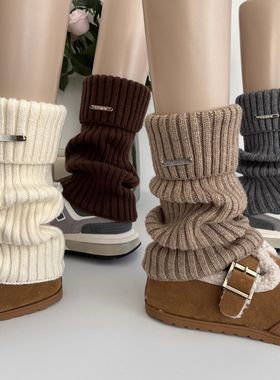 日系奶白色羊毛袜套女秋冬中短筒慵懒堆堆针织袜套烟灰色小腿袜套