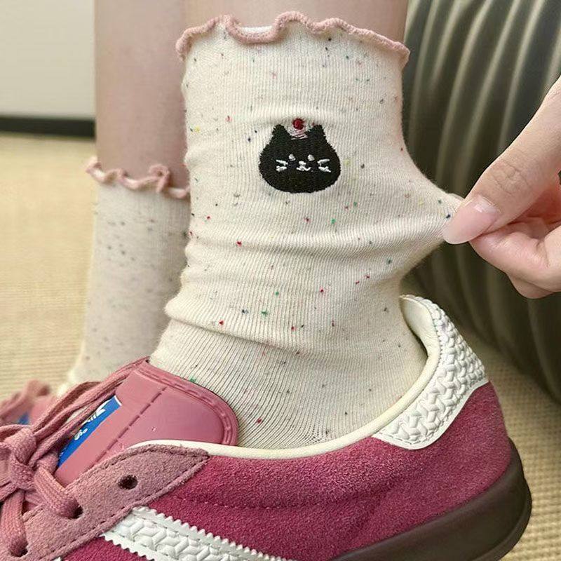 卡通刺绣袜子动物春夏可爱中筒春秋耳边点子花边堆堆长袜秋冬学生