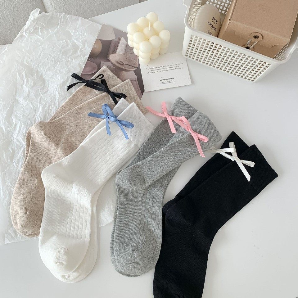 后跟蝴蝶结芭蕾风丝带miu洛丽塔中筒袜jk袜ins日系堆堆袜子女纯色