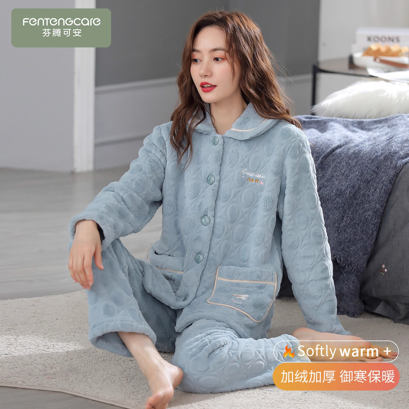 中年妈妈加厚珊瑚绒睡衣女秋冬季中老年法兰绒加绒保暖加大码套装