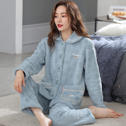 中年妈妈加厚珊瑚绒睡衣女秋冬季中老年法兰绒加绒保暖加大码套装