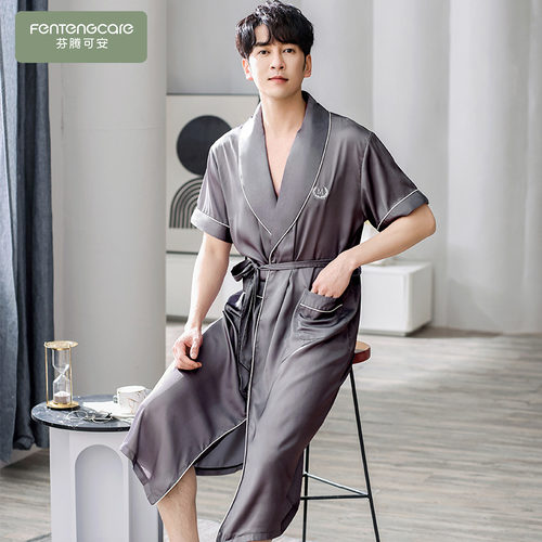 冰丝仿真丝绸简约男士睡袍