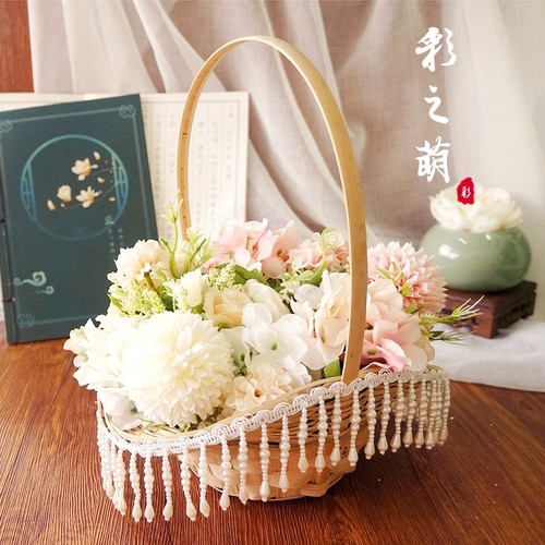 汉服珍珠流苏花篮 古风舞蹈花篮 魏晋田园竹编花篮古装摄影道具