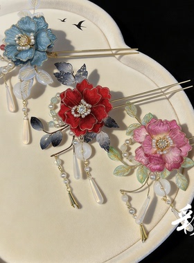 古风汉服布艺花朵步摇流苏发钗重工盘发配饰古典女装仙气发簪
