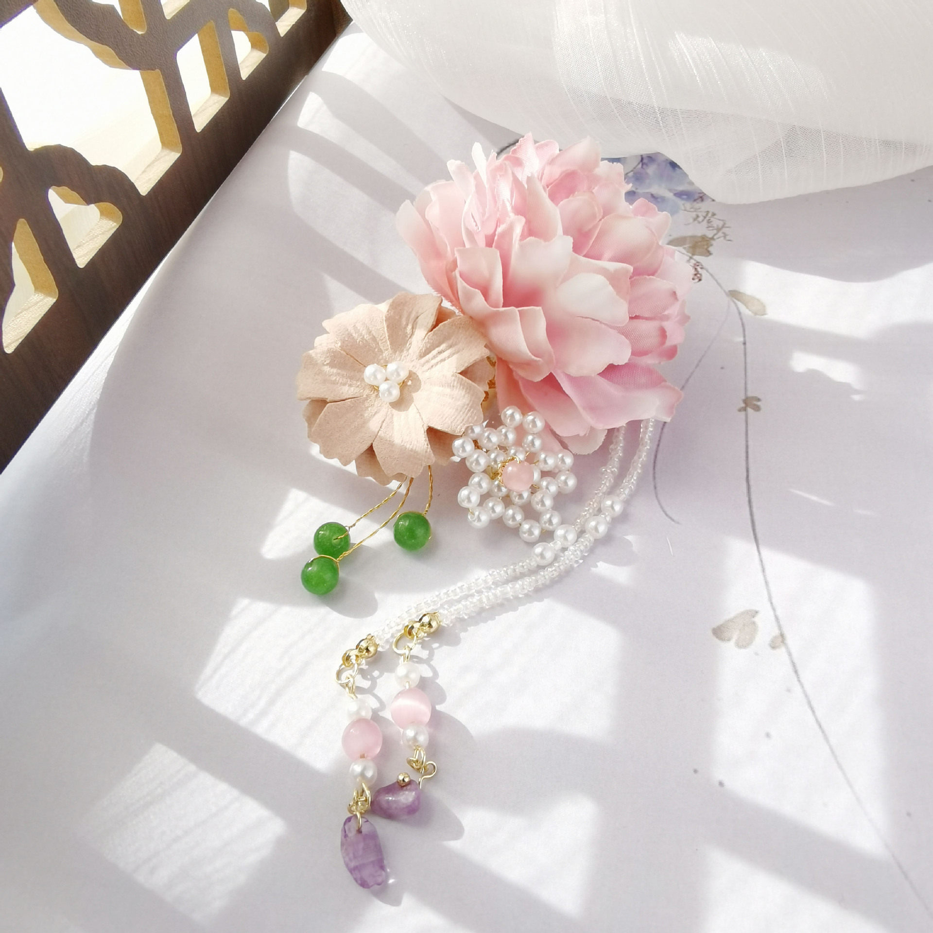 汉服绢花发夹套装牡丹古装花朵写真头饰唐风发饰流苏步摇古风边夹