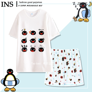 萌趣印花企鹅pingu睡衣女款夏季短袖短裤圆领可爱卡通家居服纯棉