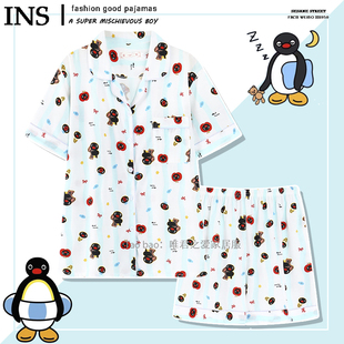 日系蓝色条纹pingu企鹅睡衣女款夏季短袖纯棉可爱卡通时尚家居服