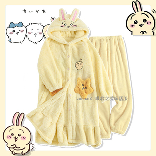 乌萨奇睡袍chiikawa吉伊卡哇睡衣女款冬季可爱卡通珊瑚绒加厚加绒