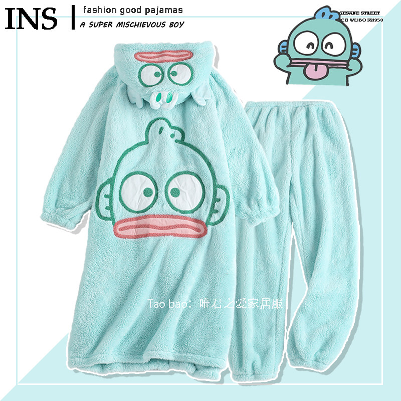 法兰绒秋冬季丑鱼汉顿睡衣可爱