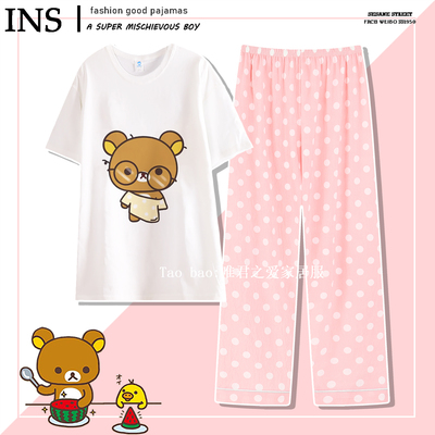 轻松熊睡衣女纯棉短袖长裤韩版