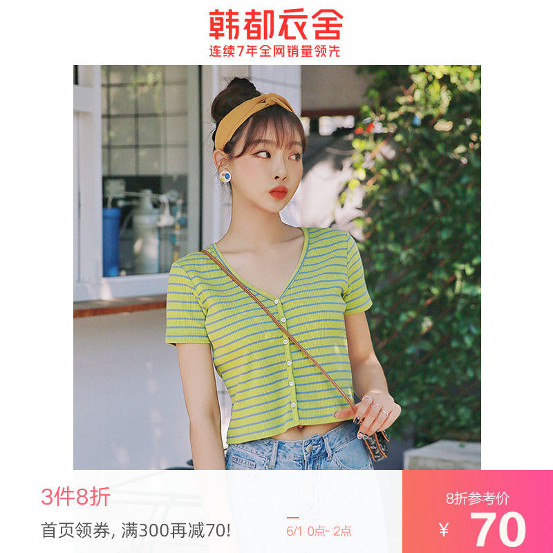韩都衣舍2020夏新款女装V领条纹高腰收身上衣心机设计感短款T恤甦