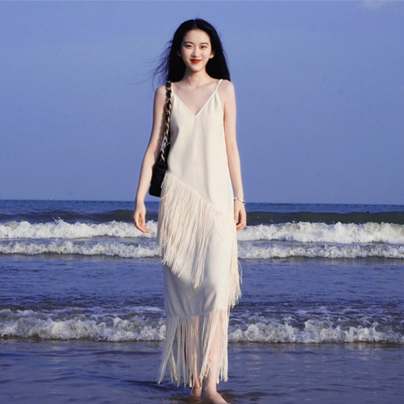 HolidayQueen海边度假白色流苏连衣裙女吊带裙沙滩裙长裙裙子仙女