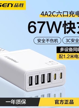 品胜氮化镓多口充电器67W快充6口4USB充电头适用苹果华为安卓手机笔记本电脑多USB接口一拖六桌面充电站插头