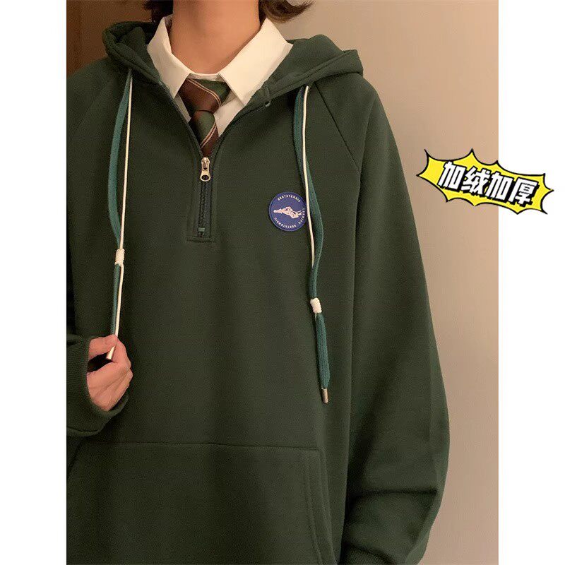 짙은 녹색 하프 지퍼 후드 오버사이즈 헤비 스웨트 셔츠 남성용 아메리칸 레트로 플러스 벨벳 봄 가을 겨울 커플 코트